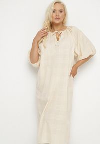 Born2be - Beżowa Bawełniana Sukienka Oversize z Wiązaniem pod Szyją Tolanea. Kolor: beżowy. Materiał: bawełna. Długość rękawa: krótki rękaw. Typ sukienki: oversize #5