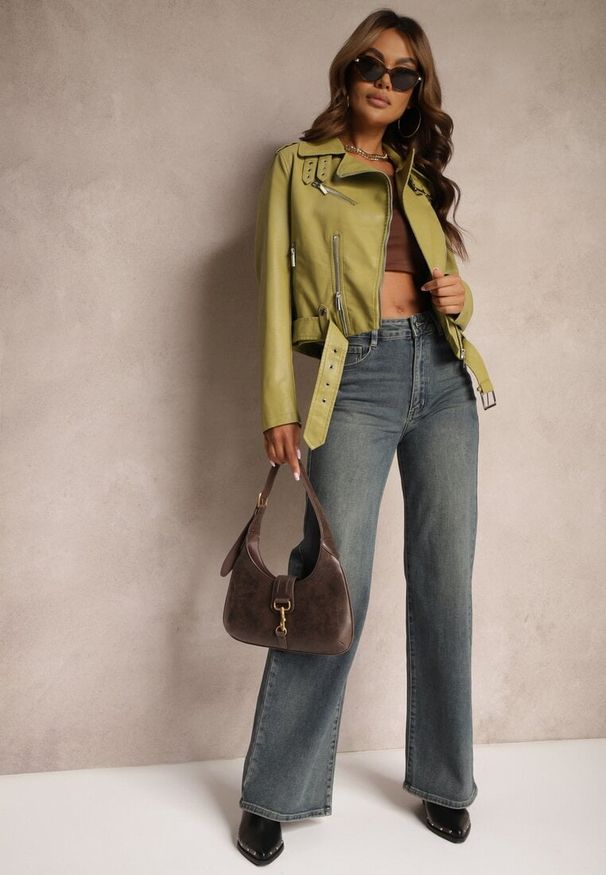Renee - Jasnozielona Kurtka w Stylu Ramoneski z Paskiem z Regulacją i Asymetrycznym Suwakiem Braliona. Kolor: zielony. Materiał: jeans. Styl: rockowy