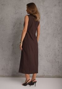 Renee - Brązowa Sukienka z Wiskozą i Lnem w Eleganckim Stylu z Paskiem z Ozdobą Coritia. Kolor: brązowy. Materiał: wiskoza, len. Długość rękawa: bez rękawów. Wzór: aplikacja. Sezon: lato. Typ sukienki: dopasowane. Styl: elegancki #6