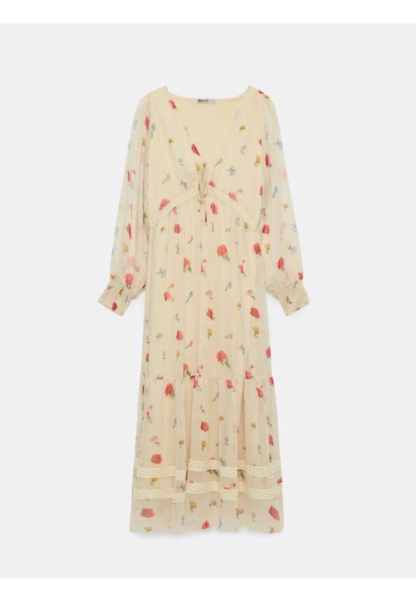 Big-Star - Sukienka damska maxi z motywem kwiatowym kremowa Ester 103. Kolor: kremowy. Materiał: koronka. Długość rękawa: długi rękaw. Wzór: kwiaty. Długość: maxi