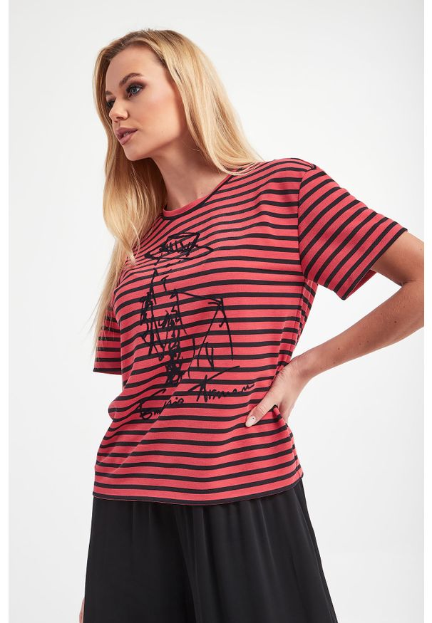 Emporio Armani - T-SHIRT EMPORIO ARMANI. Materiał: welur. Wzór: nadruk, paski