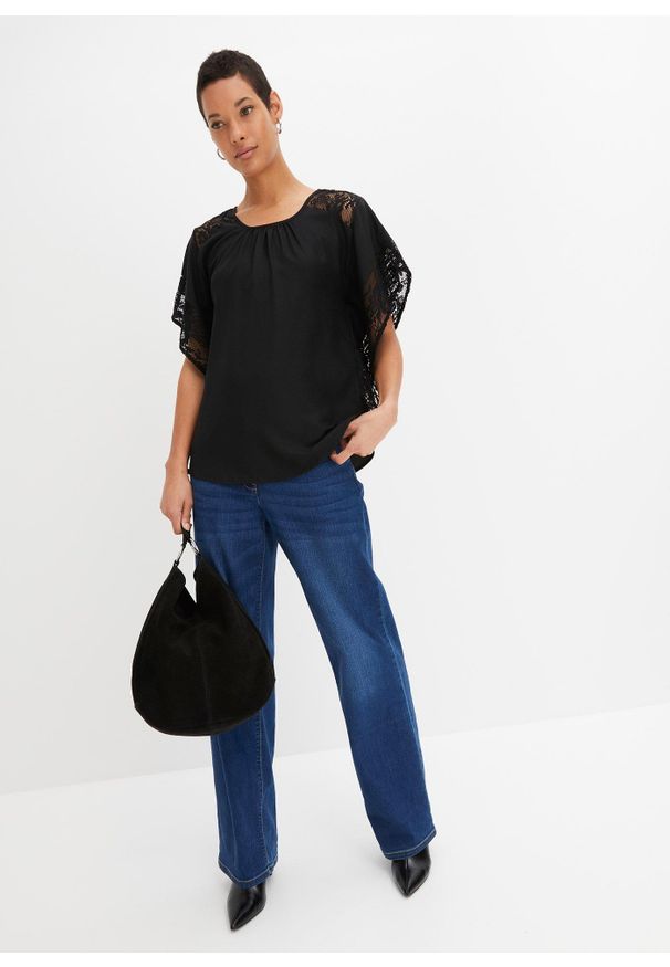 bonprix - Bluzka z aplikacjami. Kolor: czarny. Materiał: koronka, poliester. Wzór: aplikacja
