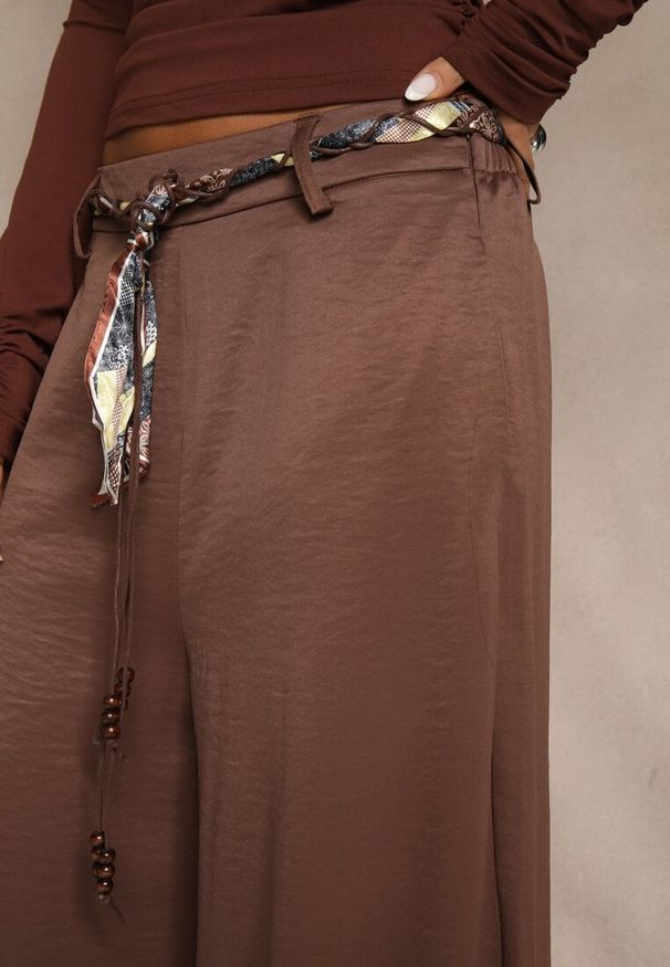 Renee - Brązowe Szerokie Spodnie z Paskiem w Stylu Wstążki Tussema. Okazja: na co dzień. Kolor: brązowy. Styl: casual