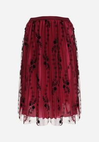 Born2be - Bordowa Midi Plisowana Spódnica z Gumką w Pasie i Tiulem w Kwiaty Selkitrad. Kolor: czerwony. Materiał: tiul. Wzór: kwiaty #3