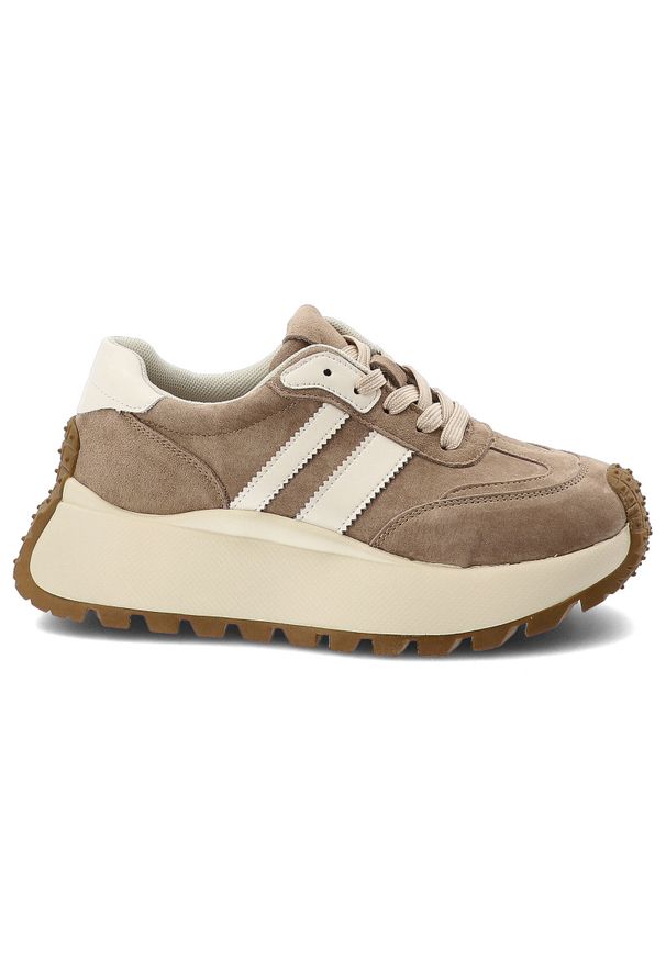 Sneakersy damskie S.Barski, cholewka skóra naturalna zamszowa kontrastowe panele wiązanie klasyczne fason niski zaokrąglony nosek masywna wizualnie p. Okazja: na co dzień. Zapięcie: sznurówki. Kolor: beżowy. Materiał: skóra, zamsz. Szerokość cholewki: normalna. Wzór: aplikacja. Styl: klasyczny