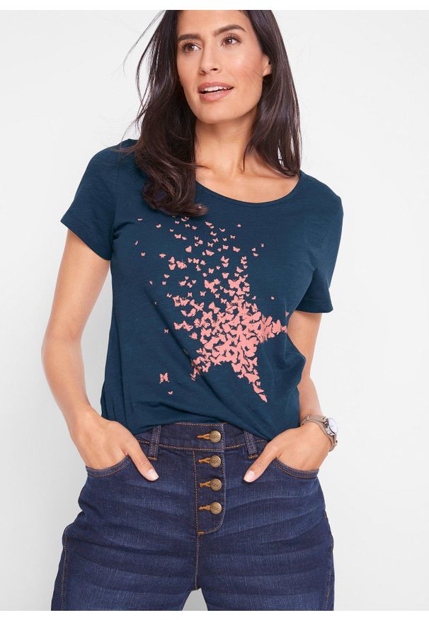 bonprix - Shirt z przędzy mieszankowej, krótki rękaw. Kolor: niebieski. Długość rękawa: krótki rękaw. Długość: krótkie. Wzór: nadruk