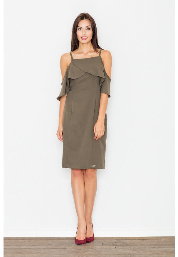 Oliwkowa sukienka z falbanami Figl elegancka, midi