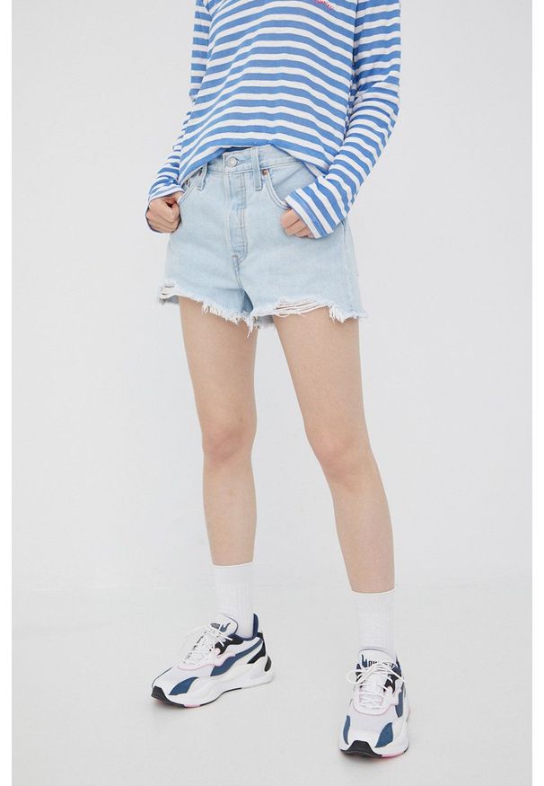 Levi's® - Levi's szorty jeansowe damskie gładkie high waist. Okazja: na spotkanie biznesowe, na co dzień. Stan: podwyższony. Kolor: niebieski. Materiał: jeans. Wzór: gładki. Styl: casual, biznesowy