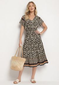 Born2be - Czarna Bawełniana Sukienka z Guzikami i Ornamentnym Wzorem Zisselle. Kolor: czarny. Materiał: bawełna #6