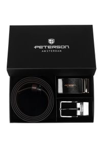 Zestaw prezentowy: dwustronny pasek skórzany w brązowym i czarnym kolorze z dwoma wymiennymi klamrami Peterson PTN KL-B001S001. Kolor: czarny, wielokolorowy, brązowy. Materiał: skóra. Styl: elegancki #1