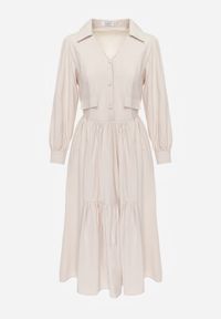 Renee - Beżowa Rozkloszowana Sukienka Koszulowa z Bawełny i Wiskozy Zdobiona Klapami Gleta. Okazja: na co dzień. Kolor: beżowy. Materiał: wiskoza, bawełna. Wzór: aplikacja. Typ sukienki: koszulowe. Styl: casual, elegancki #3