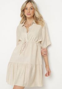 Born2be - Jasnobeżowa Sukienka Koszulowa z Wiskozy z Kołnierzykiem i Wiązaniem Nanieria. Okazja: na co dzień. Kolor: beżowy. Materiał: wiskoza. Długość rękawa: krótki rękaw. Typ sukienki: koszulowe. Styl: casual, boho #2