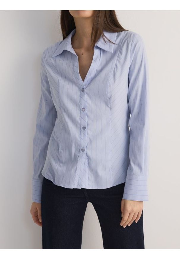 Reserved - Koszula w paski - jasnoturkusowy. Kolor: turkusowy. Materiał: bawełna, tkanina. Wzór: paski