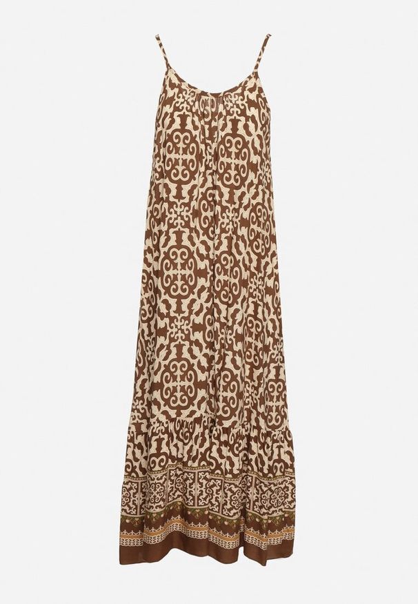 Born2be - Brązowa Bawełniana Sukienka o Rozkloszowanym Kroju na Cienkich Ramiączkach Nellarra. Kolor: brązowy. Materiał: bawełna. Długość rękawa: na ramiączkach. Sezon: lato. Styl: elegancki