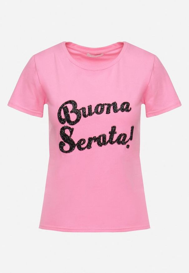 Born2be - Różowy Bawełniany T-shirt z Ozdobnym Napisem z Cyrkonii Tiavalia. Okazja: na co dzień. Kolor: różowy. Materiał: bawełna. Wzór: napisy. Styl: wizytowy, klasyczny, elegancki, casual