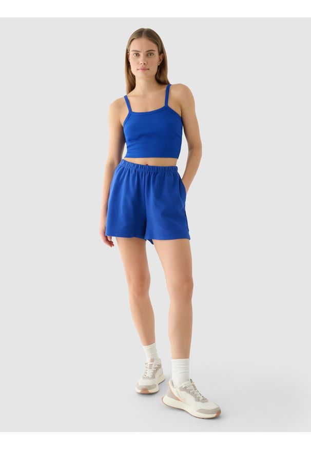 4f - 4F Spodenki dresowe damskie - niebieskie M. Okazja: na co dzień. Kolor: niebieski. Materiał: dresówka. Długość: krótkie. Wzór: prążki. Styl: casual, sportowy