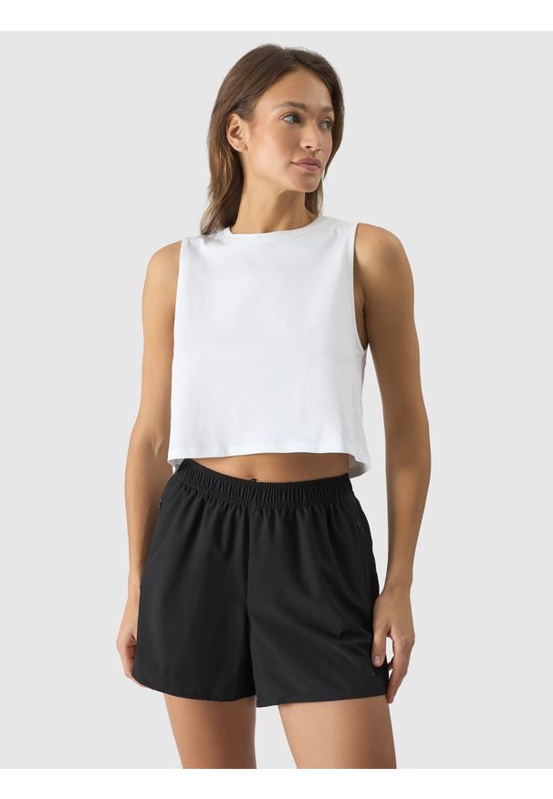 4f - 4F Crop-top oversize gładki damski - biały L. Kolor: biały. Materiał: dzianina, jersey, bawełna. Długość rękawa: na ramiączkach. Wzór: gładki. Sezon: lato