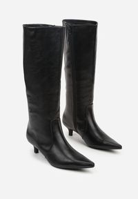 Renee - Czarne Kozaki do Kolana w Eleganckim Stylu na Niskiej Kaczuszce Neredia. Kolor: czarny. Materiał: skóra. Obcas: na szpilce. Styl: elegancki #4