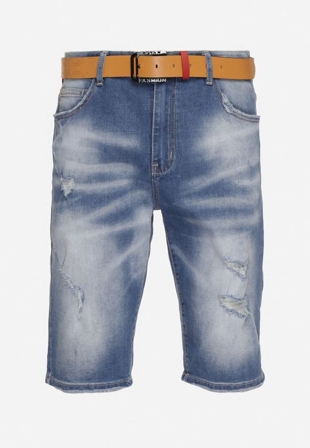 Born2be - Niebieskie Szorty Jeansowe z Przetarciami i Paskiem z Imitacji Skóry Tleasa. Okazja: na co dzień. Kolor: niebieski. Materiał: jeans, skóra. Styl: casual