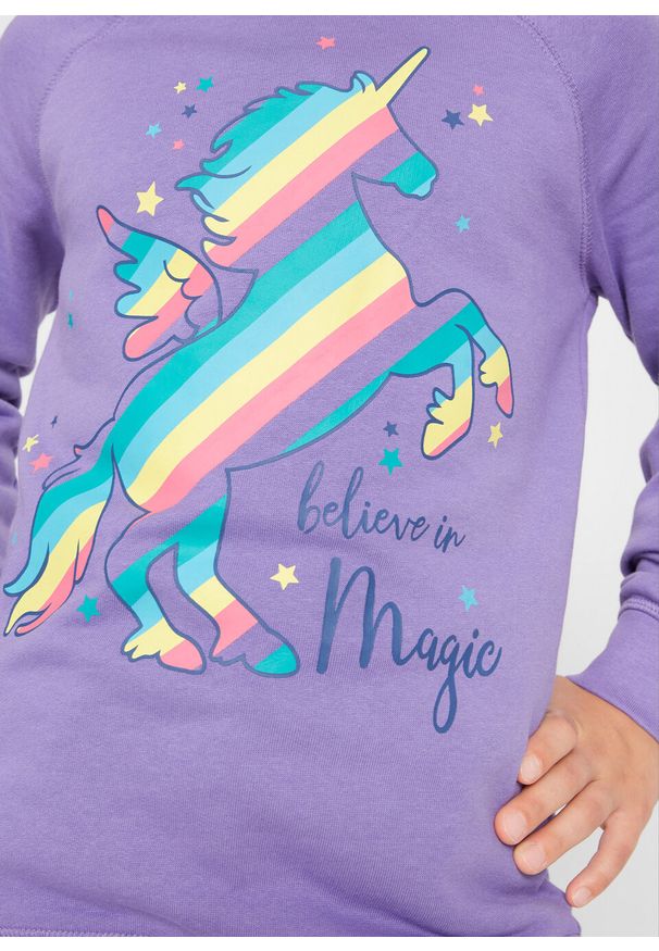 Bluza dziewczęca bonprix jasny lila. Kolor: fioletowy. Wzór: nadruk