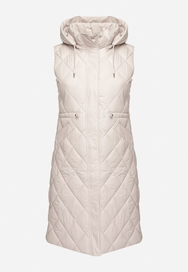 Born2be - Jasnobeżowa Pikowana Kamizelka z Kapturem i Sznurkami Nomissa. Okazja: na co dzień. Typ kołnierza: kaptur. Kolor: beżowy. Materiał: jeans. Styl: elegancki, casual, sportowy, wizytowy