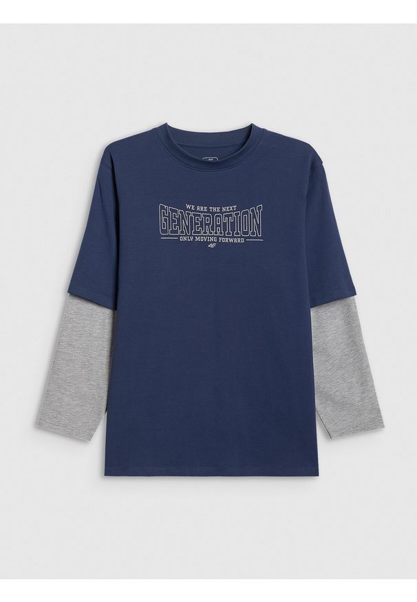 4f - 4F Longsleeve loose z nadrukiem chłopięcy - granatowy 134/140 (8-10 lat). Okazja: na co dzień. Kolor: niebieski. Materiał: materiał, bawełna. Długość rękawa: długi rękaw. Wzór: nadruk. Sezon: lato. Styl: casual