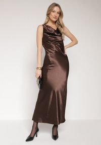 Born2be - Brązowa Koktajlowa Sukienka Satynowa z Wiskozy z Bawełną Delinavia. Kolor: brązowy. Materiał: satyna, bawełna, wiskoza. Styl: wizytowy #4