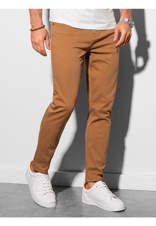 Ombre Clothing - Spodnie męskie chino P990 - camel - XXL. Materiał: bawełna, elastan