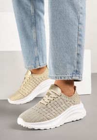 Renee - Złote Siateczkowe Sneakersy Ozdobione Metaliczną Nicią Loreldi. Okazja: na co dzień. Kolor: złoty. Materiał: jeans. Wzór: aplikacja #3