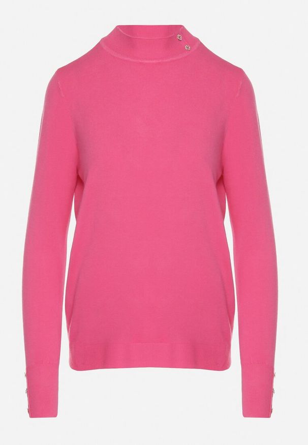 Born2be - Fuksjowy Dopasowany Golf z Aplikacjami przy Dekolcie i Rękawach Unella. Typ kołnierza: golf. Kolor: różowy. Materiał: jeans. Wzór: aplikacja. Styl: elegancki