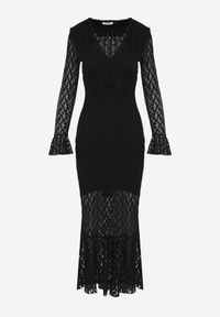 Renee - Czarna Wieczorowa Sukienka z Koronki Zdobiona Falbanami Lunetra. Typ kołnierza: dekolt w kształcie V. Kolor: czarny. Materiał: koronka. Wzór: aplikacja, koronka. Styl: wizytowy #3