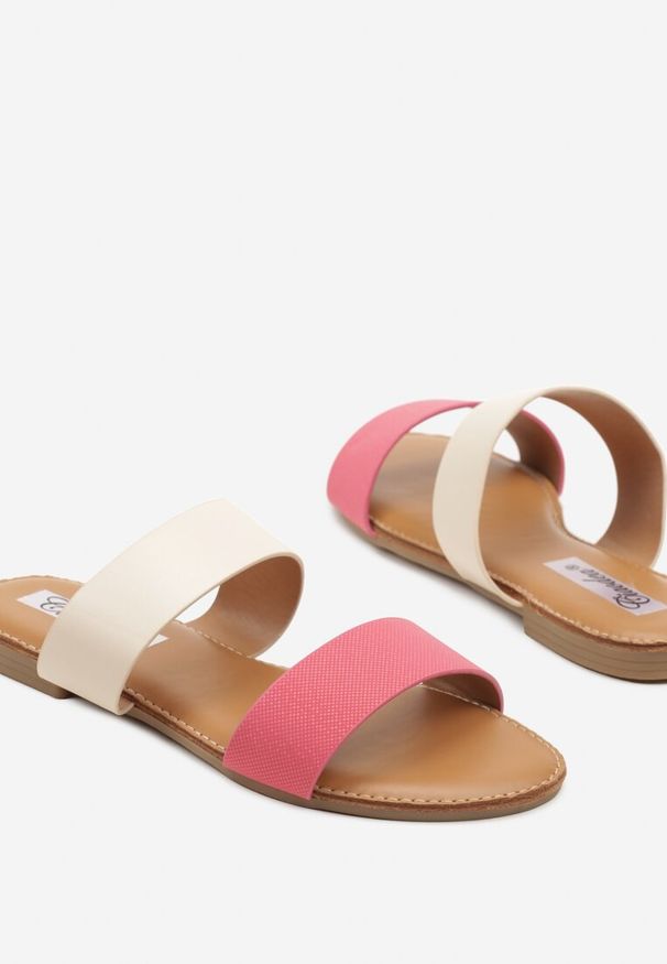 Born2be - Fuksjowe Minimalistyczne Klapki na Płaskiej Podeszwie z Podwójnym Paskiem Dorese. Okazja: na plażę, na spacer. Kolor: różowy. Materiał: len. Wzór: ażurowy. Sezon: lato. Obcas: na płaskiej podeszwie
