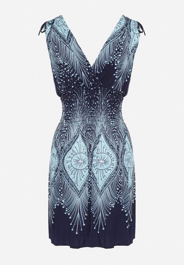 Born2be - Niebieska Sukienka Rozkloszowana ze Ściągaczami przy Ramionach w Abstrakcyjny Wzór Filinea. Okazja: na imprezę, na co dzień. Typ kołnierza: dekolt w kształcie V. Kolor: niebieski. Materiał: jeans. Typ sukienki: rozkloszowane, proste. Styl: casual, klasyczny, elegancki