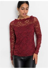 bonprix - Koronkowa bluzka z długim rękawem. Kolor: czerwony. Materiał: koronka. Długość rękawa: długi rękaw. Długość: długie #1