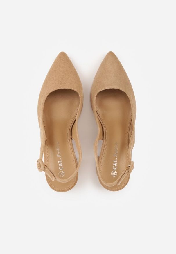 Renee - Ciemnobeżowe Czółenka na Słupku Typu Slingback Tareina. Okazja: na co dzień. Zapięcie: sprzączka. Kolor: beżowy. Materiał: prążkowany, jeans. Obcas: na słupku. Styl: elegancki, casual