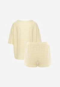 Renee - Żółty Komplet Casualowy z Bawełny Oversize T-shirt i Szorty w Paski Stylizowany na Szydełkowany Pherra. Kolor: żółty. Materiał: bawełna. Wzór: paski #5