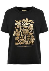 Ochnik - Czarny t-shirt damski z kwiatowym printem. Kolor: czarny. Materiał: bawełna. Wzór: kwiaty, nadruk. Styl: klasyczny