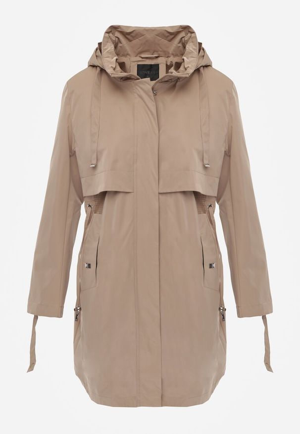 Renee - Brązowa Kurtka Przejściowa Typu Parka z Odpinanym Kapturem Ozdobiona Sznurkami Fallaiah. Okazja: na co dzień. Kolor: brązowy. Materiał: skóra. Wzór: aplikacja. Styl: casual