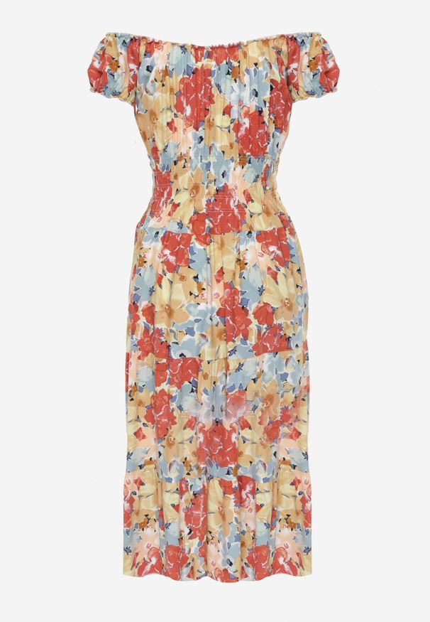 Renee - Różowo-Beżowa Sukienka Midi z Krótkim Rękawem z Wiskozy w Kwiaty Emena. Kolor: różowy. Materiał: wiskoza. Długość rękawa: krótki rękaw. Wzór: kwiaty. Sezon: lato. Typ sukienki: rozkloszowane. Długość: midi