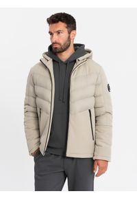 Ombre Clothing - Kurtka męska pikowana z łączonych materiałów z wysokim kołnierzem – beżowa V4 - Rozmiar: XL. Okazja: na co dzień. Kolor: beżowy. Materiał: materiał. Wzór: aplikacja. Styl: sportowy, casual #3