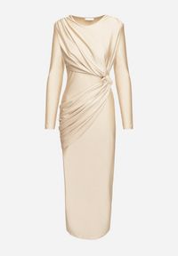 Born2be - Beżowa Dopasowana Sukienka Ozdobiona Cyrkoniami i Marszczeniem Grelila. Okazja: na co dzień. Kolor: beżowy. Wzór: aplikacja. Styl: casual #5