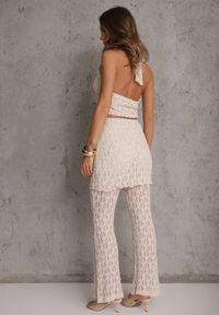 Renee - Beżowy Komplet z Koronki Top Halter i Spodnie Zdobione Wszytą Spódnicą Celanix. Kolor: beżowy. Materiał: koronka. Wzór: aplikacja, koronka #8