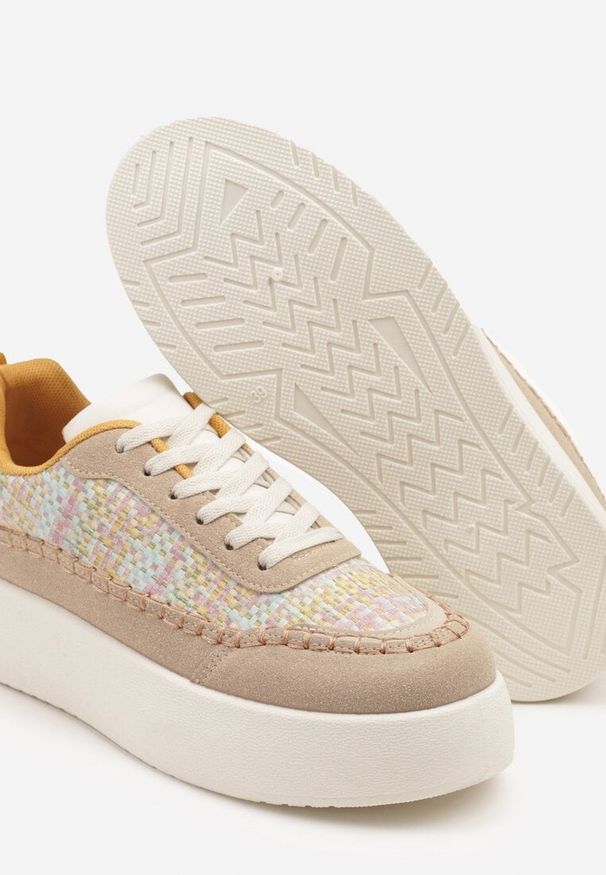 Born2be - Ciemnobeżowe Sneakersy na Grubej Podeszwie z Plecioną Cholewką Nilavanea. Okazja: na co dzień. Kolor: beżowy. Materiał: jeans. Szerokość cholewki: normalna