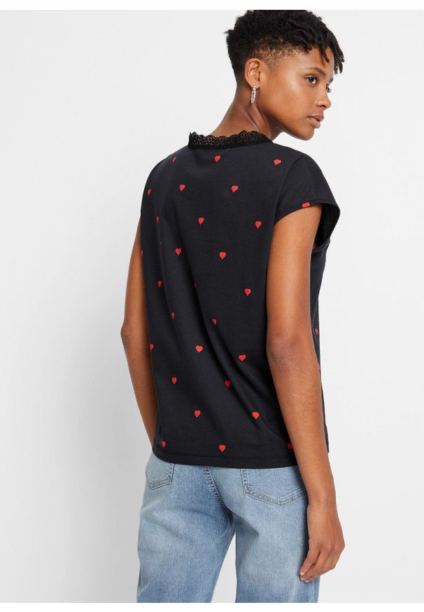 bonprix - Shirt z nadrukiem, z czystej bawełny. Typ kołnierza: dekolt w serek. Kolor: czarny. Materiał: bawełna. Wzór: nadruk