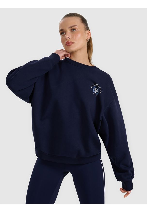 4f - 4F Bluza dresowa nierozpinana bez kaptura damska - granatowa XS. Okazja: na co dzień. Typ kołnierza: bez kaptura. Kolor: niebieski. Materiał: dresówka. Styl: sportowy, casual