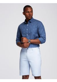 Ombre Clothing - Klasyczna męska bawełniana koszula SLIM FIT w palmy - ciemnoniebieska V5 OM-SHCS-0156 - XXL. Typ kołnierza: kołnierzyk klasyczny. Kolor: niebieski. Materiał: bawełna. Długość rękawa: długi rękaw. Długość: długie. Wzór: nadruk. Styl: klasyczny