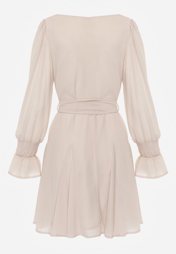 Born2be - Beżowa Sukienka VICES z Siateczkowymi Rękawami i Wiązanym Paskiem Resnala. Okazja: na co dzień. Typ kołnierza: dekolt kwadratowy. Kolor: beżowy. Materiał: materiał. Typ sukienki: rozkloszowane. Styl: casual, elegancki