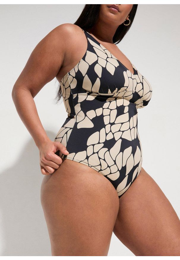 bonprix - Kostium kąpielowy shape, lekki stopień modelowania sylwetki, z dekoltem w serek. Kolor: czarny. Wzór: nadruk