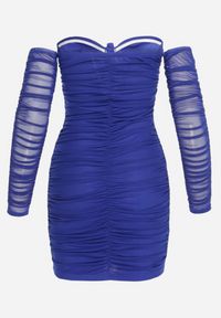 Born2be - Granatowa Dopasowana Sukienka Mini z Marszczeniem Iobe. Typ kołnierza: dekolt gorset, dekolt hiszpanka. Kolor: niebieski. Materiał: tkanina. Typ sukienki: gorsetowe. Długość: mini #7