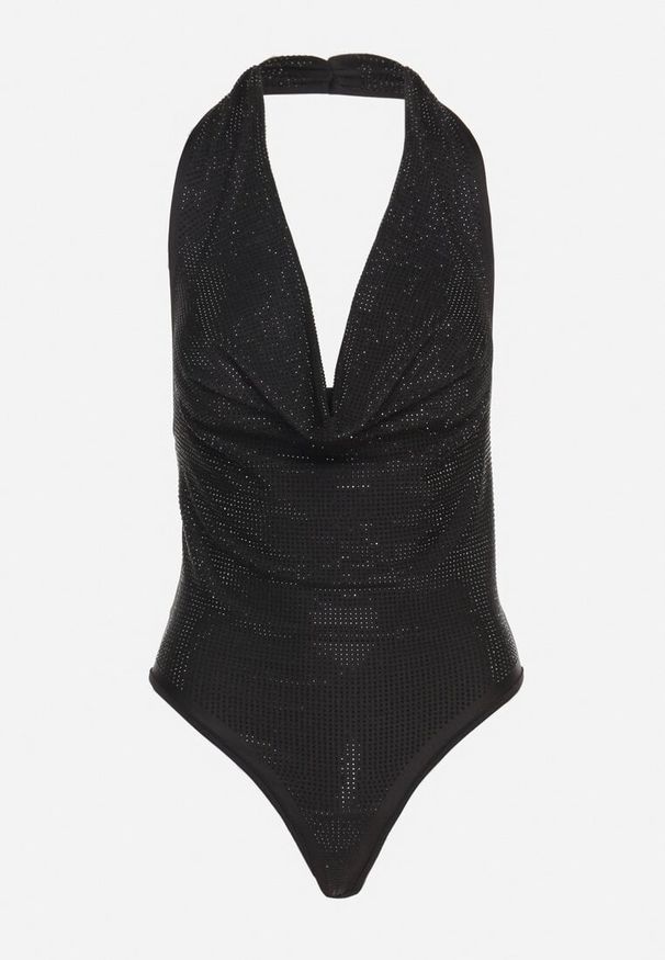 Born2be - Czarne Cyrkoniowe Body z Lejącym Dekoltem Milenira. Okazja: na co dzień. Kolor: czarny. Materiał: jeans. Długość rękawa: bez rękawów. Wzór: aplikacja. Styl: casual